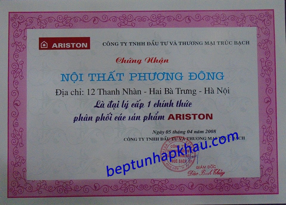 Chứng nhận đại lý hãng Ariston